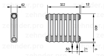 Схема (чертеж) Радиатор Zehnder Charleston 2040/7 №5510 Белый глянцевый RAL 9016